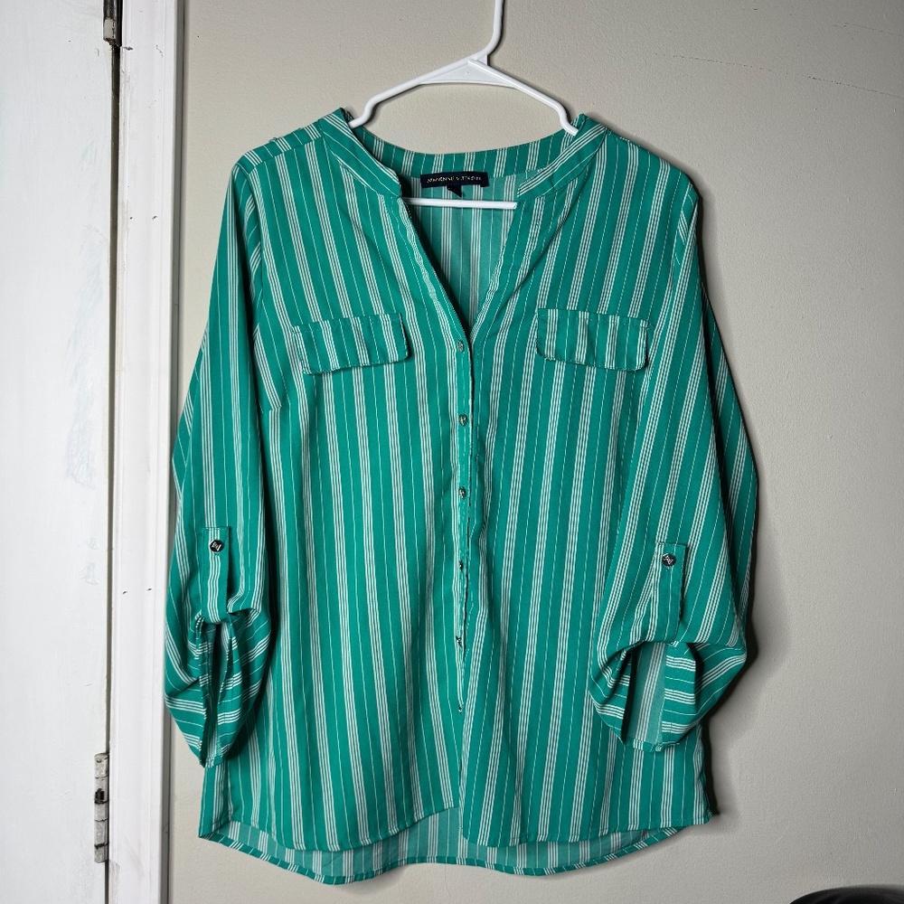 Adrienne Vittadini Green Striped Button-Up Blouse – Size M